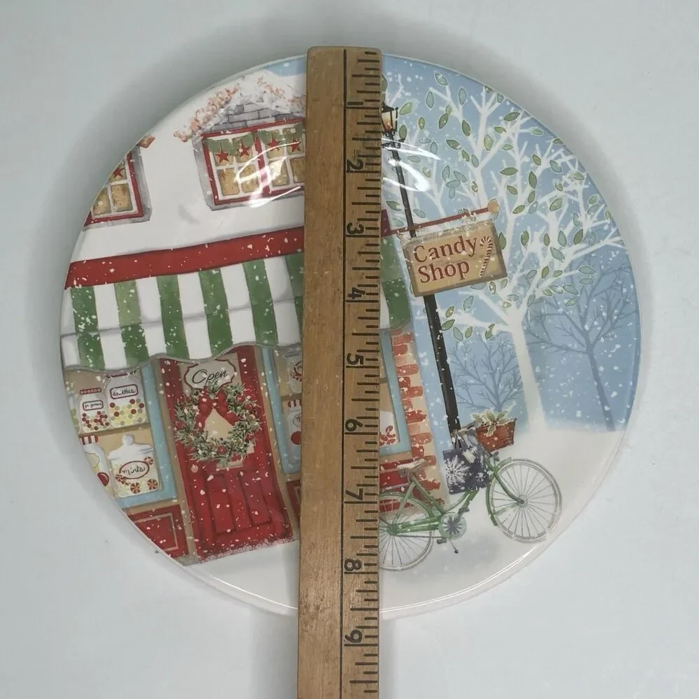 Pier 1 Xmas Village Scenes Ironstone Salad Plates Pet Store & Candy Store 2 Pc